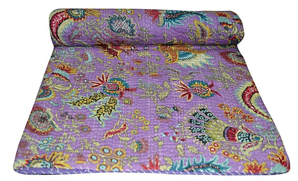 Indian Embroidery Kantha Quilt Bedspread Floral Throw Cotton Purple - Image 1 of 4
