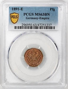 Germany Empire 1891E Pfennig, Low Mintage Date - PCGS MS63, Pop 1/2 - Picture 1 of 3