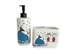 NEW Peanuts Snoopy Christmas Holiday Soap Dispenser Toothbrush Holder Set - Picture 1 of 7
