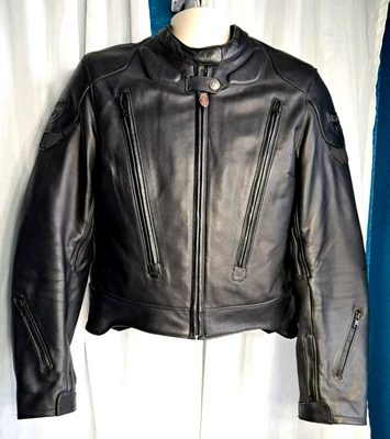 First Gear 42W Large Leather Armored Padded Motorcycle Jacket Black - Image 1 of 4