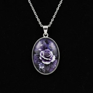 Halskette Mit Anhänger Oval Silber Rose Violet Lila Edelstahl Kette Frau Damen - Bild 1 von 3