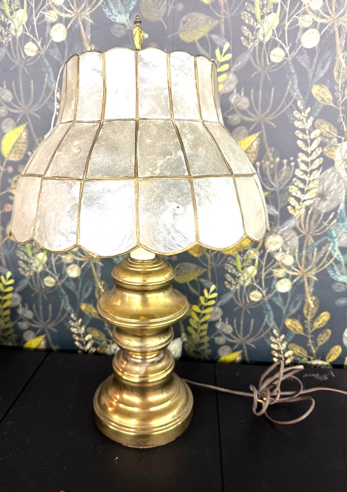 Vintage 1970s Brass Neoclassical Style Table Lamp Trophy Urn Capiz Shell Shade - Image 1 of 4