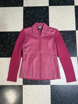 Sigrid Olsen Suede Leather and Silk Blend Knit Jacket in fuchsia pink Sz XS - Image 1 of 4
