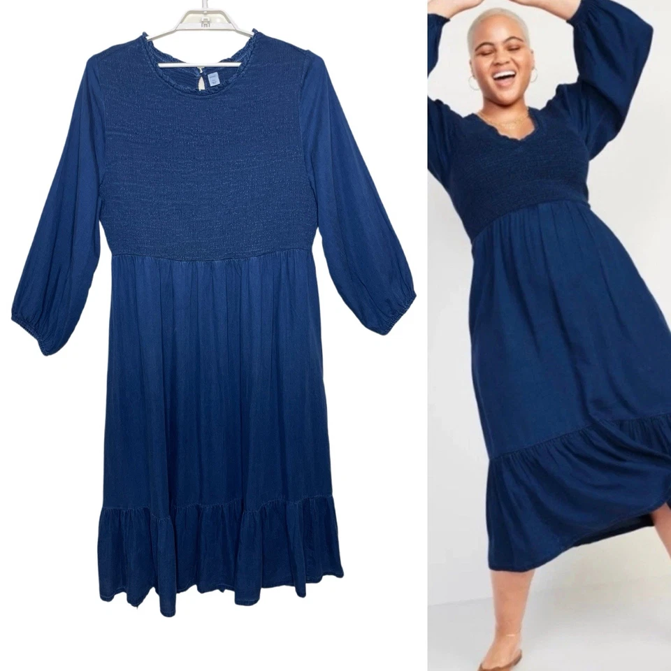 Maxi Vestido OLD NAVY Denim Cambray Con Volantes en Niveles Calado Cottage Prairie XXL Foto 1 de 4