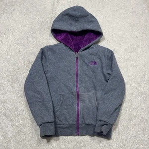 The North Face Jacket Girls Medium Gray Purple Fleece Reversible Hooded Full Zip - Picture 1 of 15