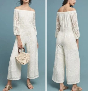 Anthropologie Farm Rio Jumpsuit XS Elliot Lace Off the Shoulder Wide Leg Ivory - Picture 1 of 13