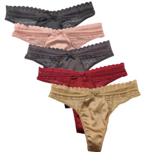 5 Pcs Women's Sexy Satin Thongs Panties Lace Trim G-string V-back Underwear,S-XL - Picture 1 of 12