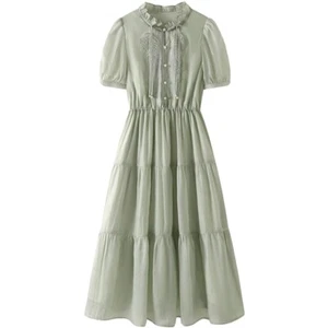 Damen Kurzarm Kleid Gummibund Bestickt Rüschen Quaste Perlen A-Linie - Bild 1 von 10