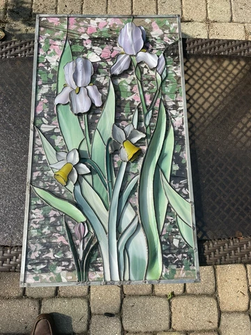 Leaded Stained Glass 16.5”X 29” Bas Relief (3D), Iris’s & Daffodils, 1 of a Kind Cover