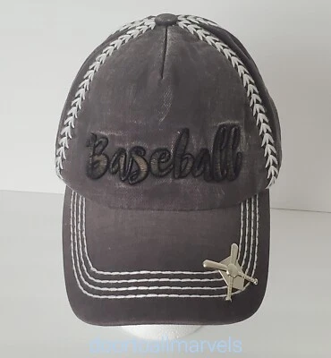 Olive & Pique Baseball Hat Embroidered Cap w/Metallic Bats Adjustable Distressed - Image 1 of 4