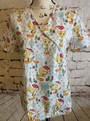 Looney Tunes Tweety Holiday Bird Christmas Scrub Top Size Small Gathered Back  - Image 1 of 4