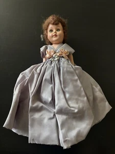 Vintage Hard Plastic Doll, Brown Hair With Lavender Dress 10” - Picture 1 of 7