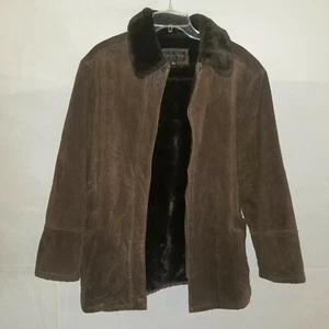 Gallery Women's Size Large Suede Leather Brown Full Zip Jacket Faux Fur Lining - Picture 1 of 8