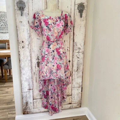 AUW Size Juniors Medium Pink Blue White Floral Cold Shoulder High Low Dress - Image 1 of 4