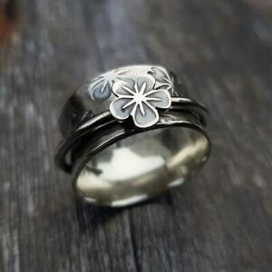 Fashion Daisy Sunflower Zircon Rings Women Silver Plated Wide Band Jewelry Gift