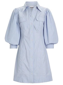Ganni Dress Women’s Size 38 Striped Puff Sleeve Shirt Dress Blue - Picture 1 of 7