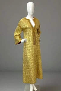 VTG Edie Gladstone Gold Metallic Kaftan Robe with Red Silk Lining Bell Sleeves - Picture 1 of 7