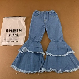 Shein Kids Girls 9 Light Wash Denim Elastic Waist Layered Flare Leg Jeans New - Picture 1 of 6
