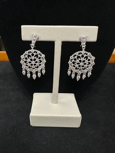 JUDITH RIPKA 925 STERLING SILVER CLEAR CZ OMEGA BACK CHANDELIER DROP EARRINGS - Picture 1 of 9