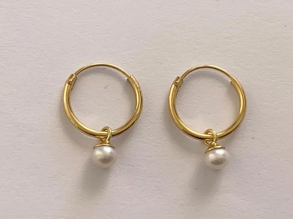 14K Gold Sterling Silver White Freshwater Pearl Sleeper Huggies Hoop Earrings - image 1 of 1
