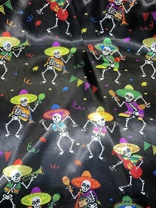 1 mtr black dancing skelton printed dress satin fabric.58”wide (147cm) - Picture 1 of 4