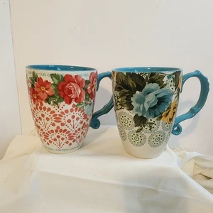 The Pioneer Woman Jumbo Latte Mugs Set of 2 Vtg Floral & Rose Shadow Stoneware - Picture 1 of 9