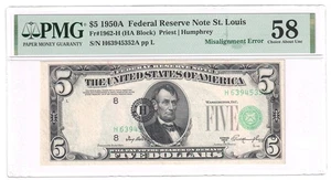 1950A $5 St. Louis Federal Reserve Note Misalignment Error PMG AU58 Y00010716 - Picture 1 of 2