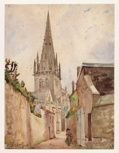 André Alfred Debergue Carentan Notre-Dame Normandie Aquarelle Drawing 1925 - Picture 1 of 1