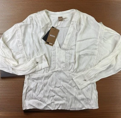 Hugo Boss Top Blouse V-Neck Lace Details Silky Ivory Long Sleeve Women Sz 4 NWT - Image 1 of 4