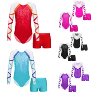 Kids Girls Outfit Long Sleeve Set Bodysuit Suit Rhinestones Activewear Leotard - Picture 1 of 40