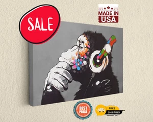 Banksy Inspired DJ Monkey Canvas Print - Ready to Hang Fine Art Wall Decor - Picture 1 of 8