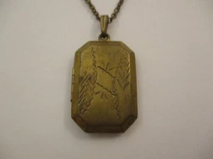 Vintage Brass Locket with Chain Etched Rectangular Octagonal - Picture 1 of 8