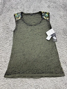 Guess Top Women Small Heather Green Sheer Sequin Shoulder Tank Tunic Blouse NWT - Picture 1 of 10