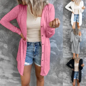 Womens Long Sleeve Cardigan Ladies Boyfriend Open Front Casual Coat Shirts Tops - Picture 1 of 20