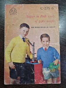 P&B Wools 3ply Knitting Pattern No. C-275 Raglan Pullovers 22-32" Vintage - Picture 1 of 3