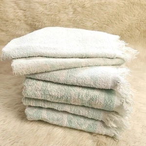 Vintage Towel Set 4 Bath 2 Hand Blue White Reverse Print Frayed Hem - Picture 1 of 3