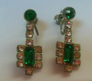 Pendientes colgantes vintage plateados de diamantes de imitación verdes y transparentes atornillados - Imagen 1 de 2