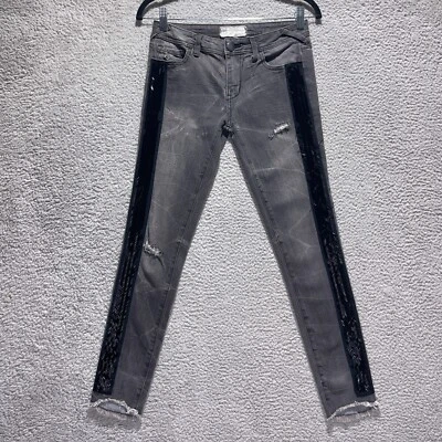 Free People Skinny Jeans 25 Gray Low Rise Sequin Trim Stretch Denim Y2K Style - Image 1 of 4