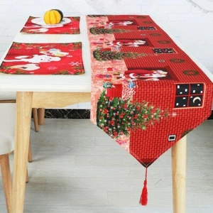 Christmas Table Runner Floral Tassel Tablecloth Party Home Decor Santa Print Art - Picture 1 of 14