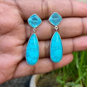 New Arrival 925 Sterling Silver Dangler Simple Earring Turquoise Blue Topaz Ear - Picture 1 of 5