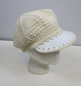 Vintage 70s Women's Hat Biker Hippie Retro Ivory White Handmade Crochet - Picture 1 of 19