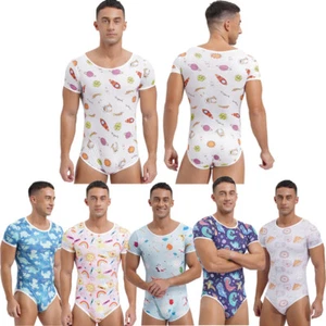 Men Short Sleeve Bodysuit Print Bodysuit One Piece Pajamas Rompers Sleepwear - Picture 1 of 66