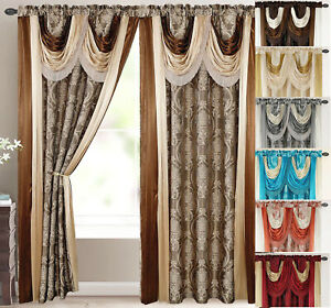 Bella Luxury Jacquard Curtain Panel with Attached Waterfall Valance & Scarf 54 w