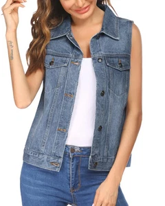 Chainscroll Women's Denim Vest Casual Classic Jean Jackets Chest Flap Pocket L - Picture 1 of 7