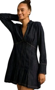 NEW! Anthropologie Denim Mini Dress Long Sleeve Collared Dark Wash Size 00 $160 - Picture 1 of 16