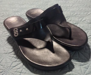 Cole Haan Sandals Wedge Women’s Sz 8 1/2B Grand Os Thong Flip Flop Black Leather - Picture 1 of 10