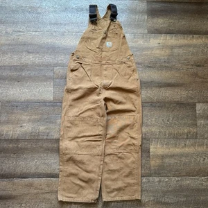Youth Size 12 Brown Carhartt Duck Canvas Double Knee Overall Bibs - GOOD - Picture 1 of 6