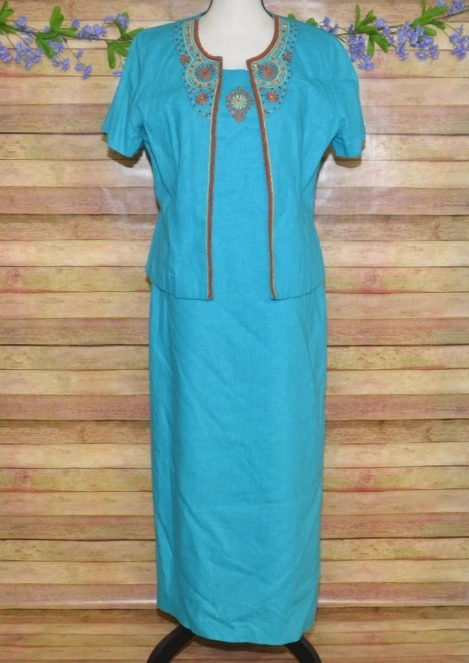 Vintage Miss Dorby Jacket & Maxi Dress Size 12 Linen Blend Embroidered Beaded - Image 1 of 4