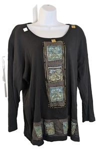 Coconut Bay, Pullover Sweater, black with asian style embossed details, size 1X - Picture 1 of 3