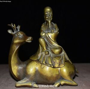 8" Old Chinese Copper Feng Shui longevity God On Deer incense burner Censer